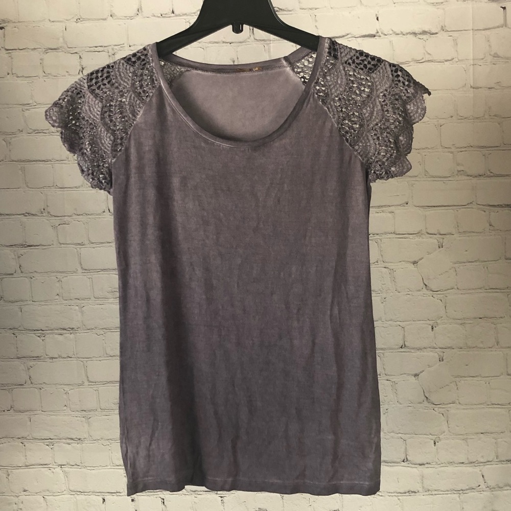 Dantelle Purple Short Sleeve Tee with Crochet Lace Shoulders